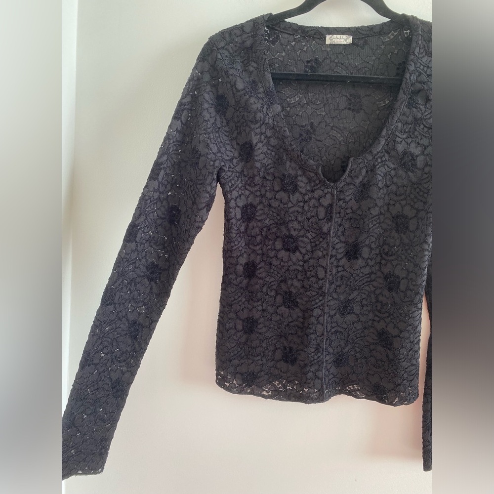 Free People Intimately Black Cloud Ride Notch Lace Long Sleeve Top Size M - Picture 9 of 12